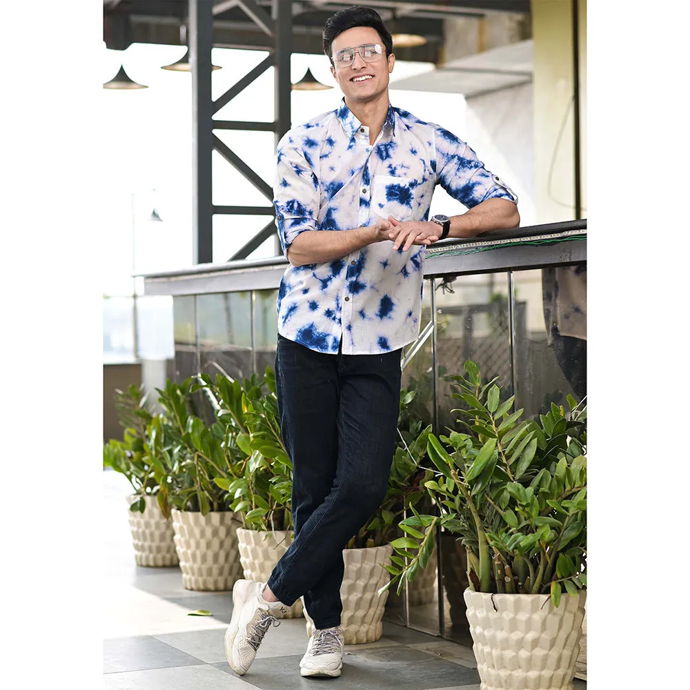 Hatheli Blue And White Tie Dye Cotton Shirt