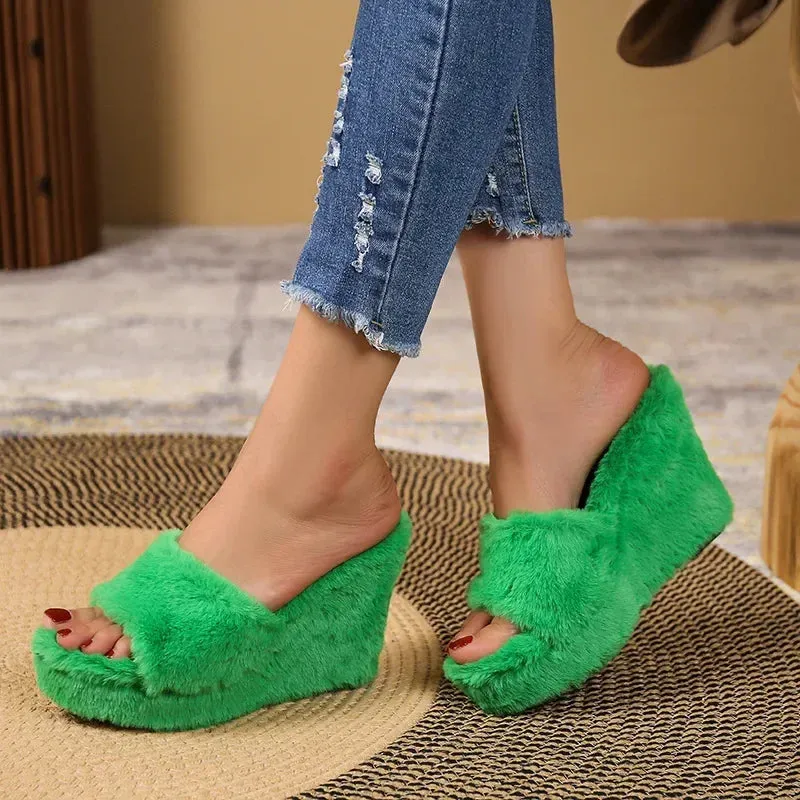 High Heel Fur Slippers for Women