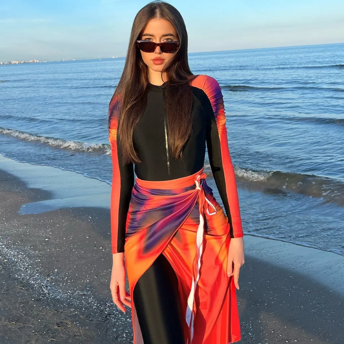MB013 Muslim Colorful Sun Protection Beach Swimsuit Three-Piece Set