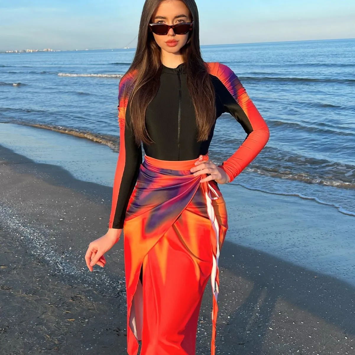 MB013 Muslim Colorful Sun Protection Beach Swimsuit Three-Piece Set