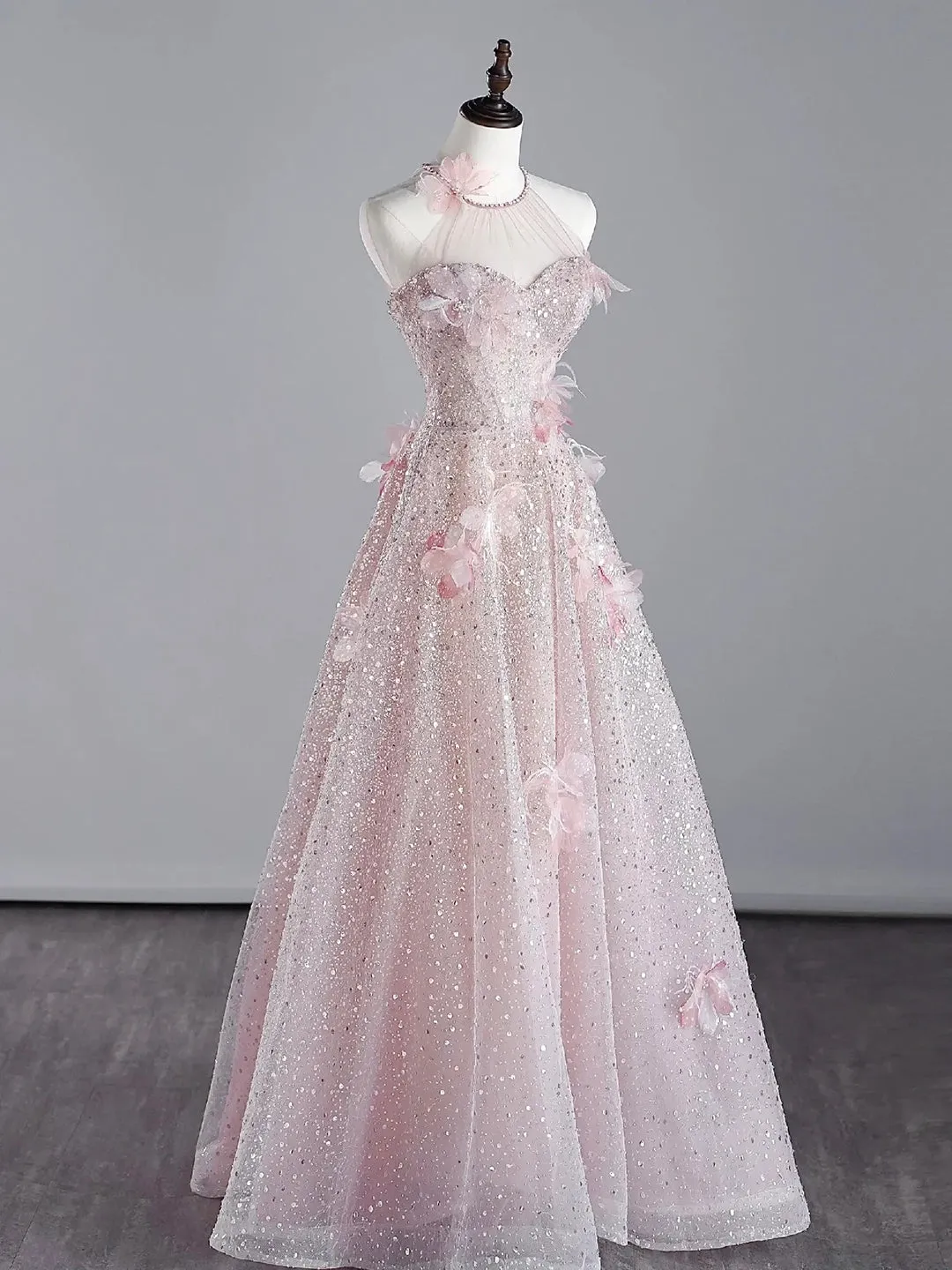 Pink Halter Shiny Tulle Long Prom Dress Pink Tulle Evening Dress with Flowers