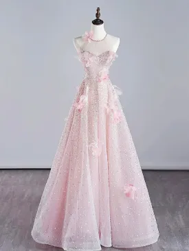 Pink Halter Shiny Tulle Long Prom Dress Pink Tulle Evening Dress with Flowers