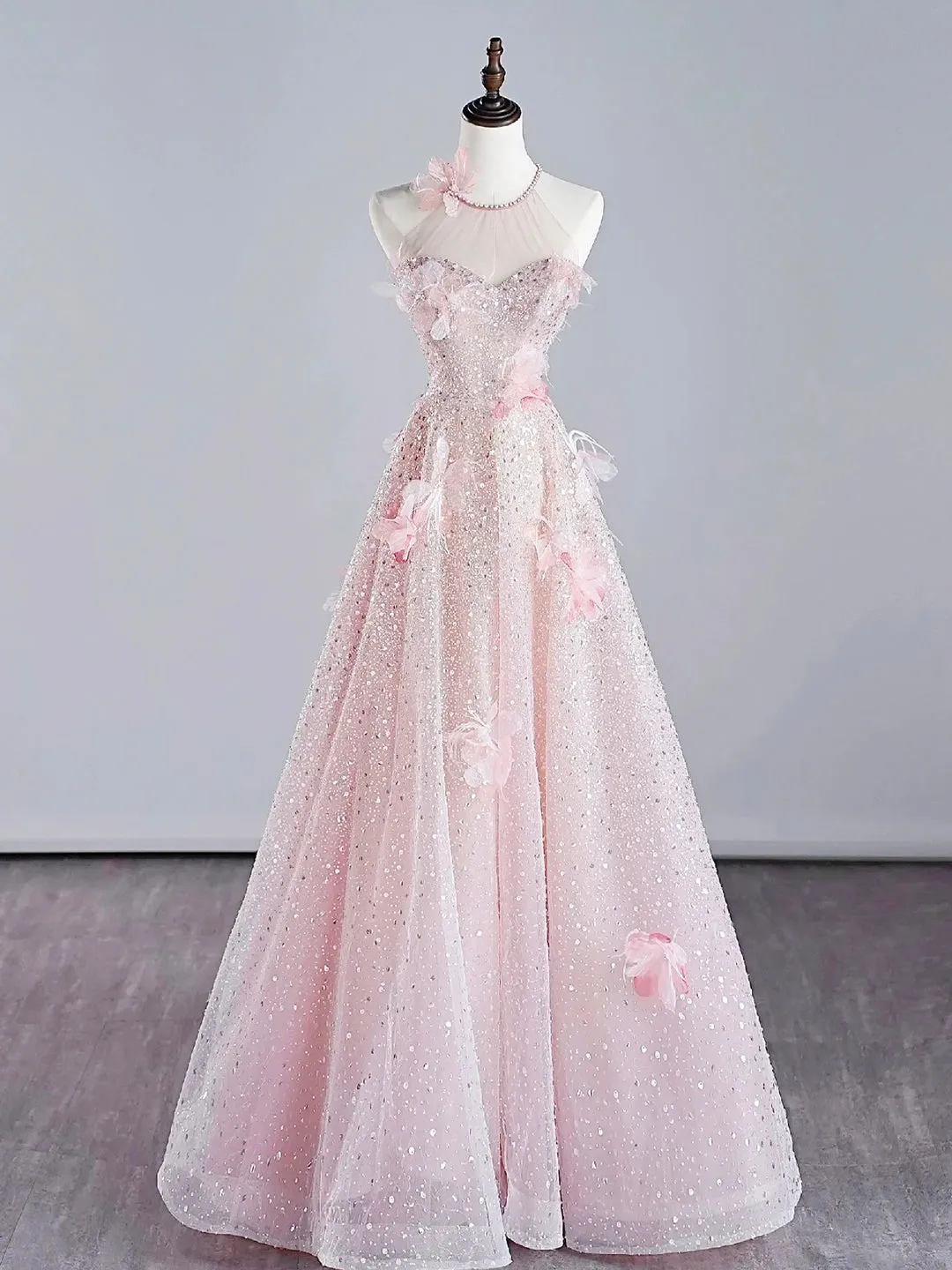 Pink Halter Shiny Tulle Long Prom Dress Pink Tulle Evening Dress with Flowers