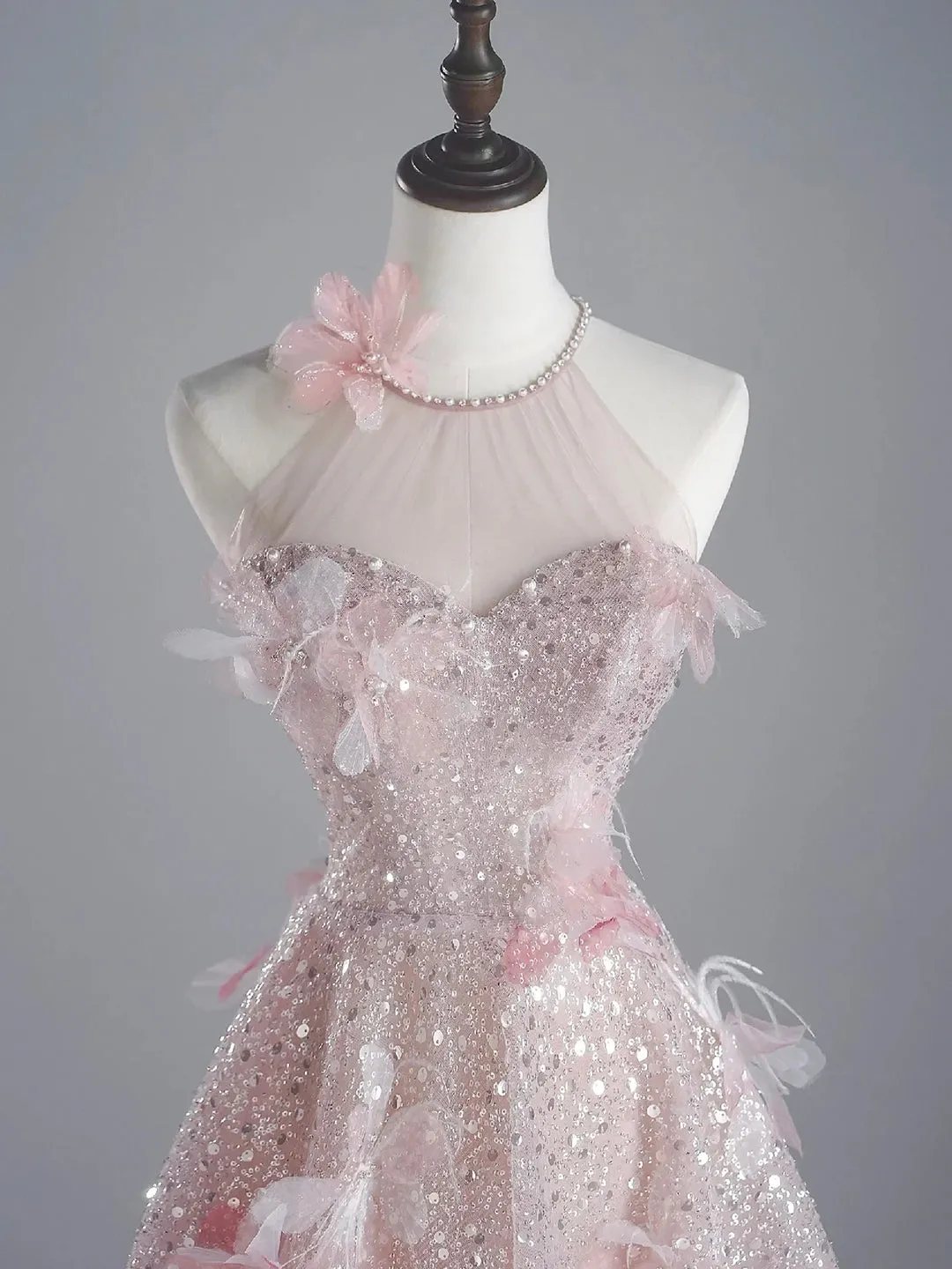Pink Halter Shiny Tulle Long Prom Dress Pink Tulle Evening Dress with Flowers