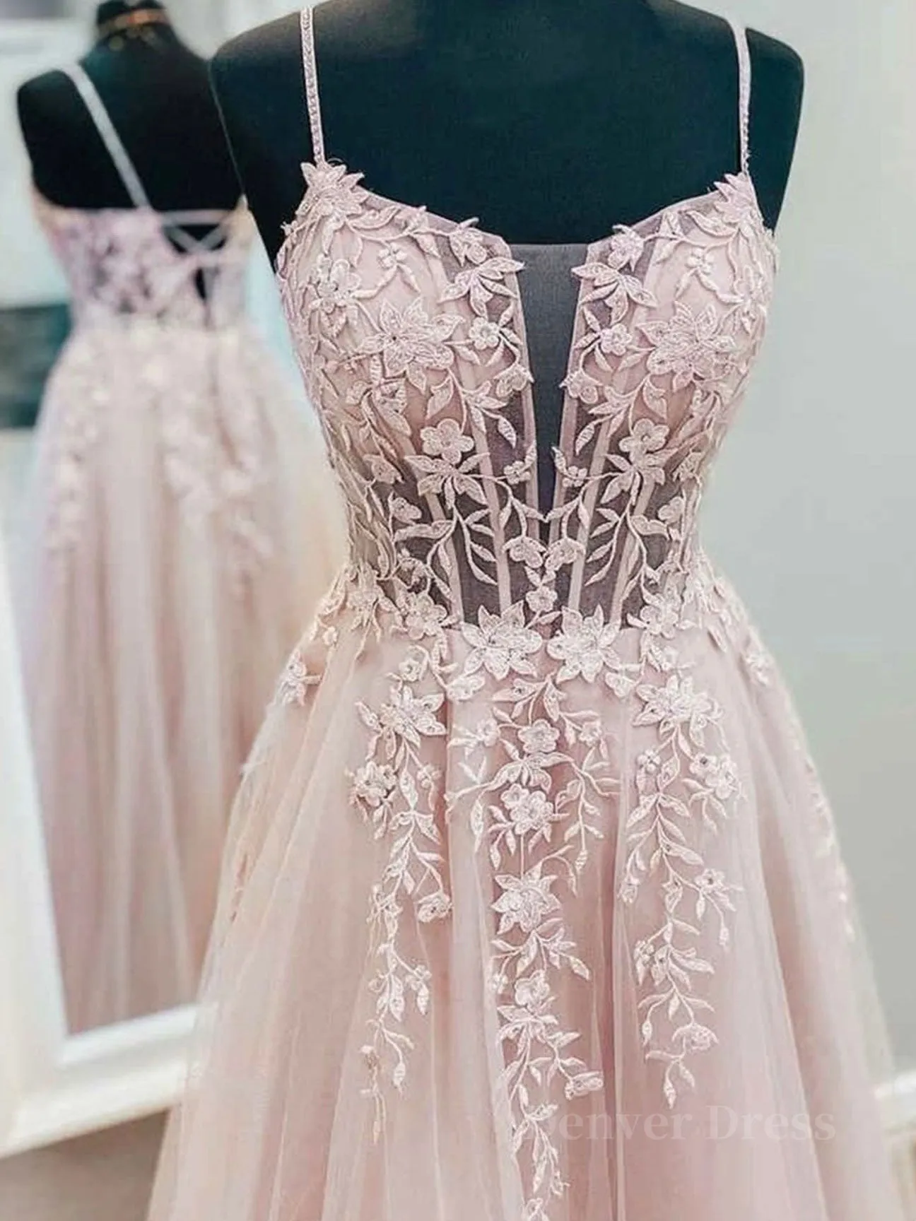 Pink tulle lace A line long prom dress pink lace evening dress