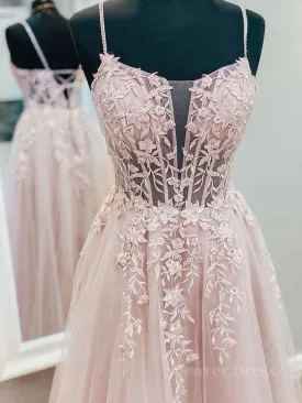 Pink tulle lace A line long prom dress pink lace evening dress