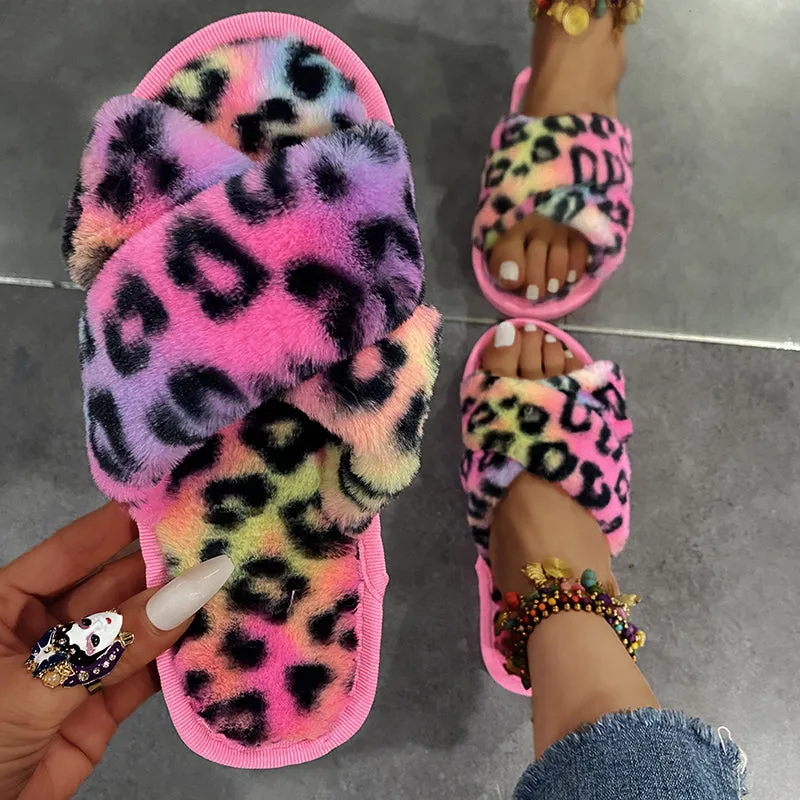 Plush Leopard Slippers for Women