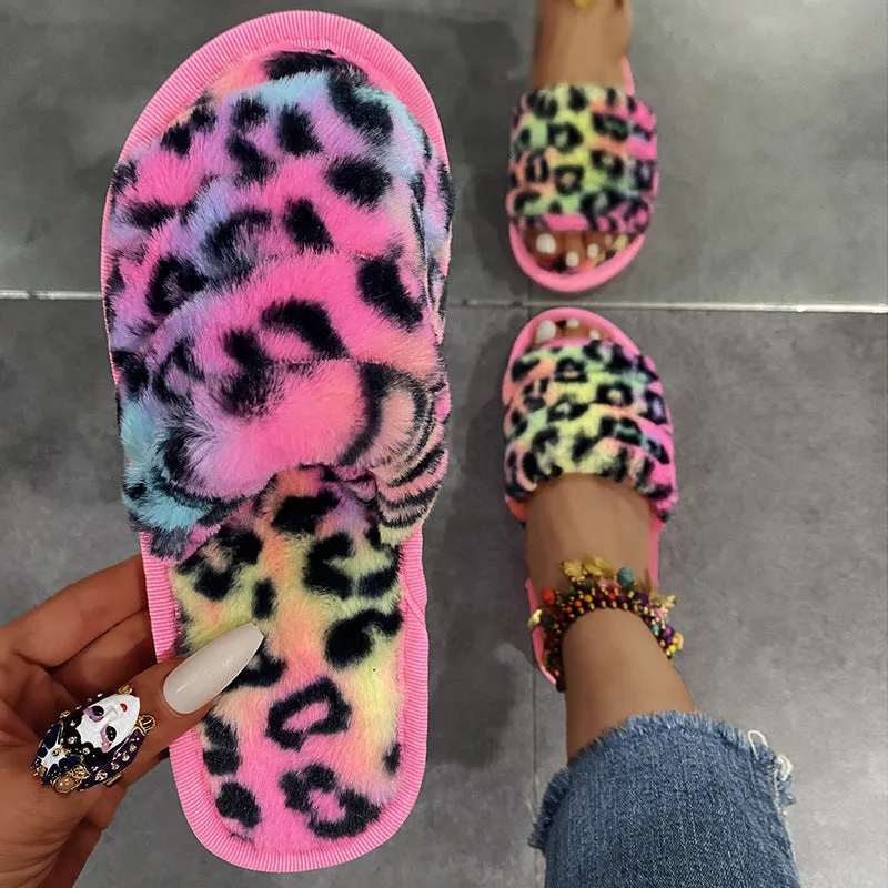 Plush Leopard Slippers for Women