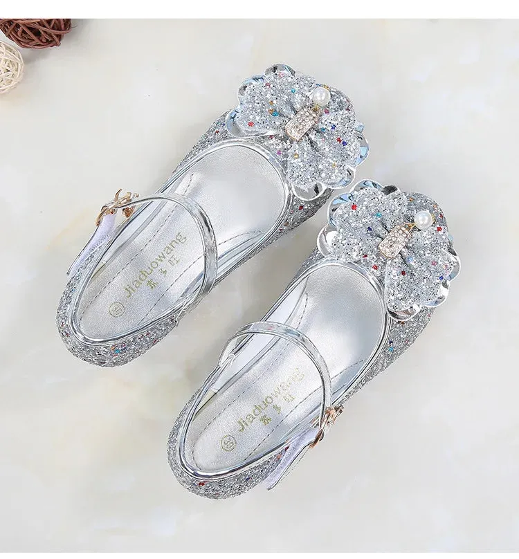 Princess Butterfly Leather Shoes Kids Diamond Bowknot High Heel Children Girl Dance Glitter Shoes Fashion Girls Party Dance Shoe