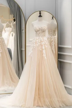 Strapless Champagne Lace Tulle Long Prom Dress Champagne Lace Formal Evening Dress