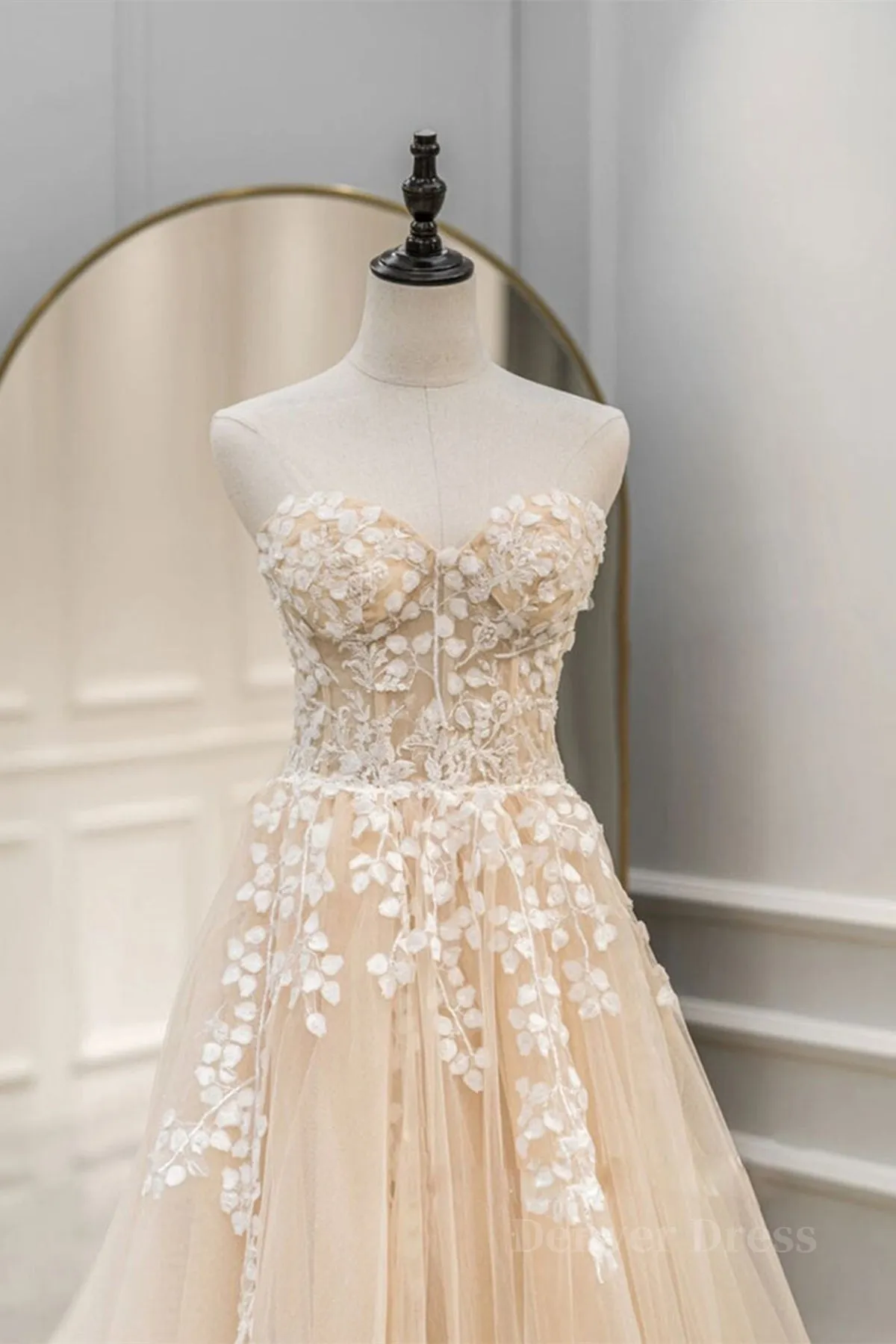 Strapless Champagne Lace Tulle Long Prom Dress Champagne Lace Formal Evening Dress