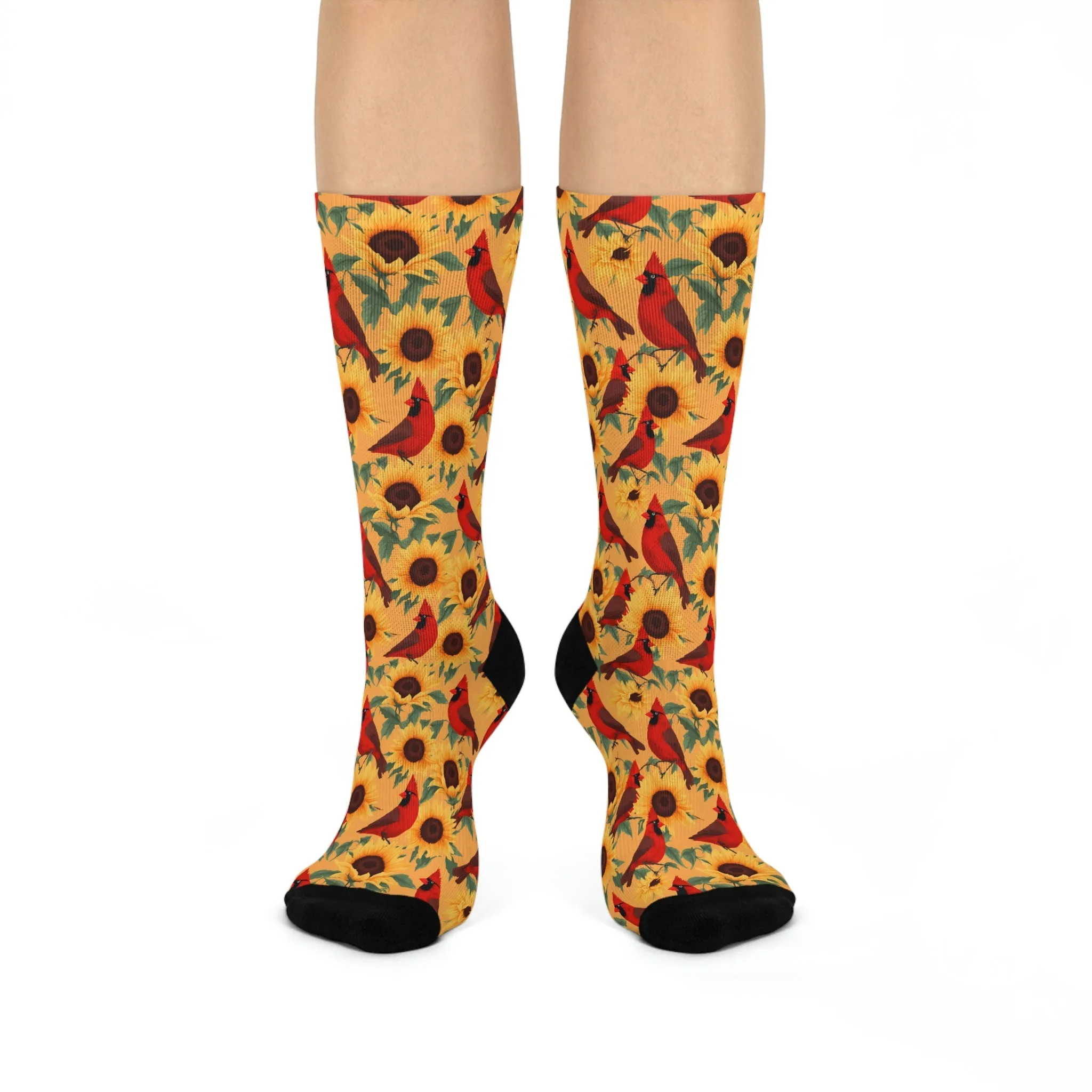 Sunflowers with Male Cardinal Bird Design Cushioned Crew Socks