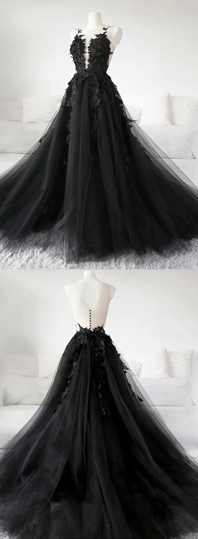 Unique Black Tulle V Neck Sheer Back Lace Applique Evening Dress Formal Dress Long Prom Dress