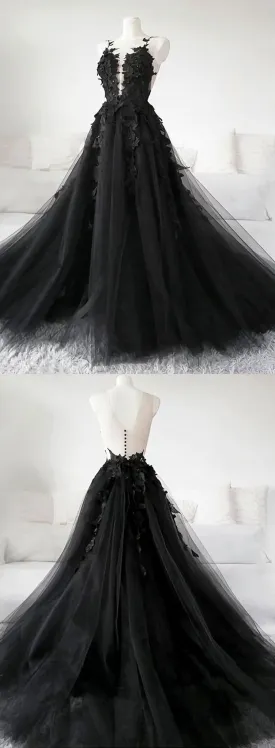 Unique Black Tulle V Neck Sheer Back Lace Applique Evening Dress Formal Dress Long Prom Dress