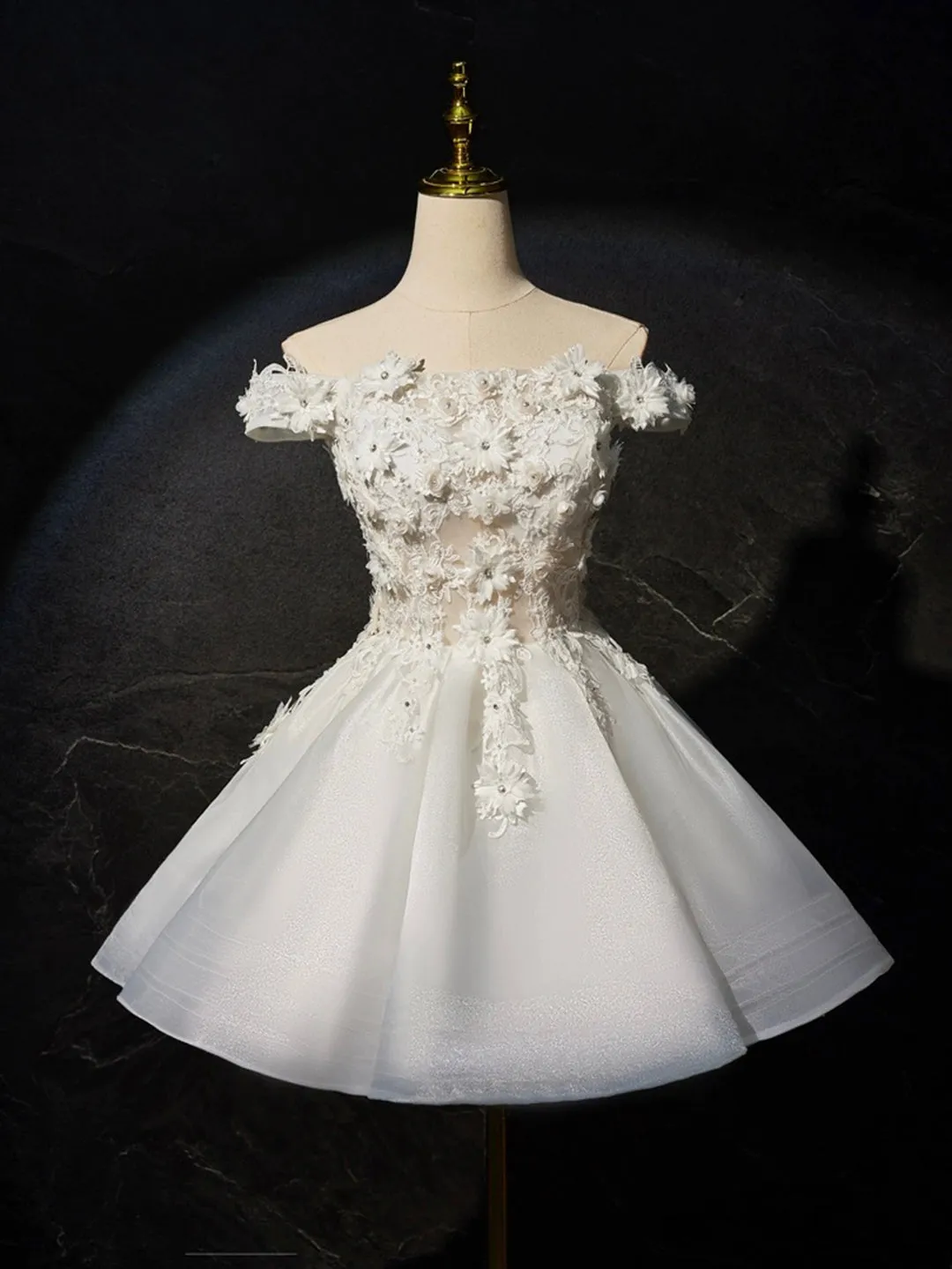 White Flowers Lace Short Prom Dress Lovely A-Line Evening Party Dress