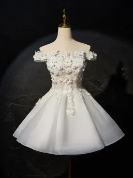 White Flowers Lace Short Prom Dress Lovely A-Line Evening Party Dress