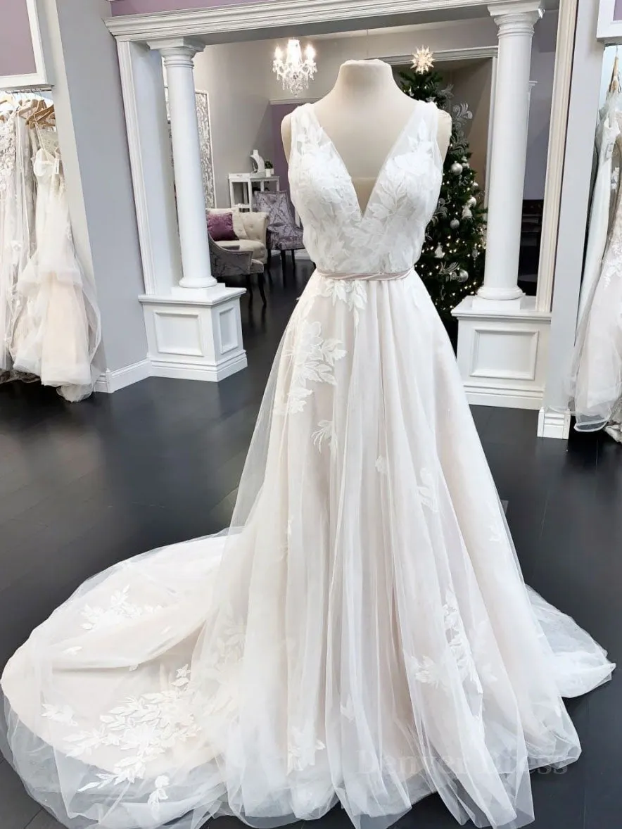 White v neck tulle lace long prom dress lace evening dress