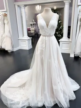 White v neck tulle lace long prom dress lace evening dress