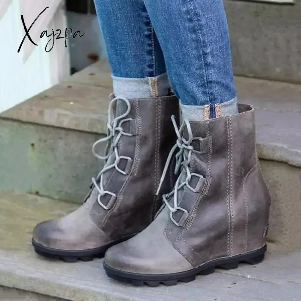 Xajzpa - Women's Wedge Boots Mid Waterproof Vegan Leather Boots